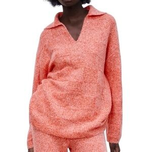 Zara Oversized Checkered Knit Polo Collar Sweater 2142/046/615 Coral Size Large